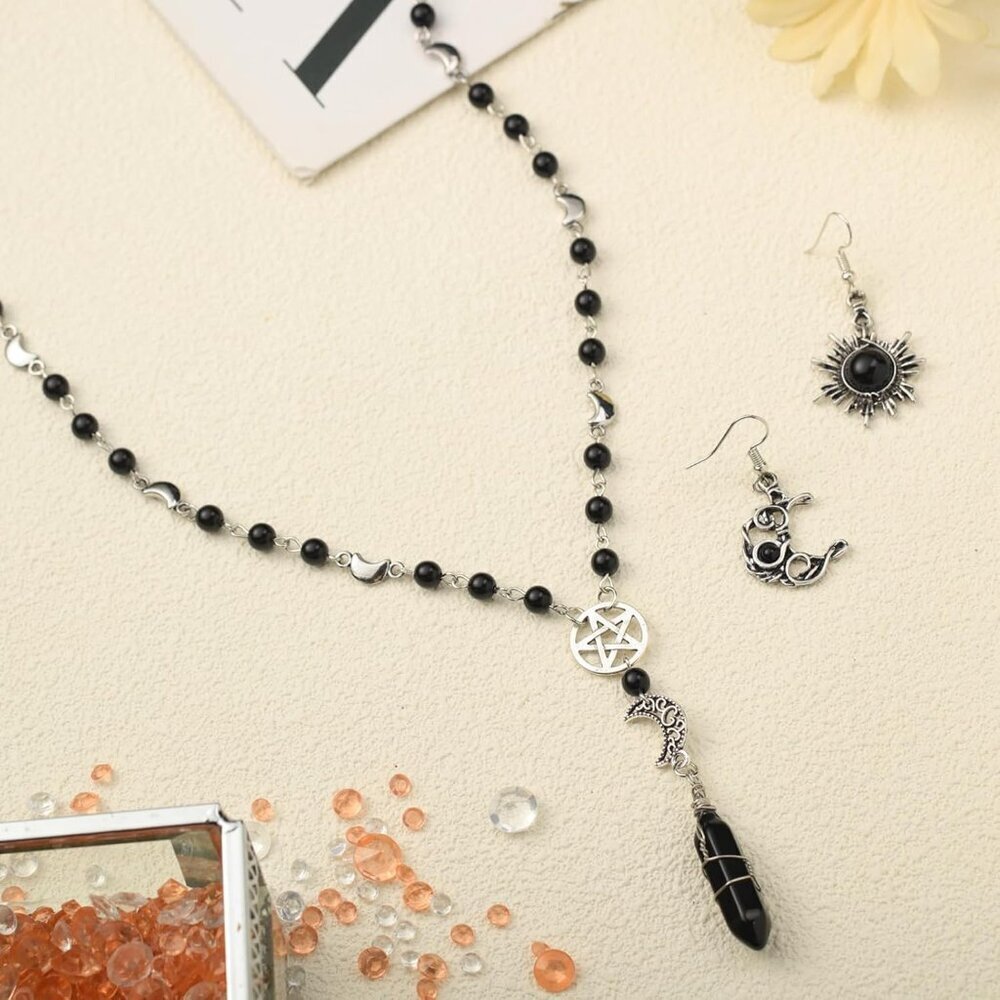 Gothic Sun Moon Jewelry Set Women Multilayer Choker Earrings Witch Costume - Picture 6 of 7